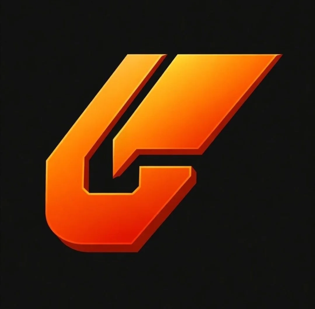 A bold, stylized letter "G" logo with a 3D effect, rendered in a vibrant orange-to-yellow gradient. The design features sharp, slanted angles and a prominent "wing" or "streak" extending from the top right, suggesting speed and motion. The logo is ce