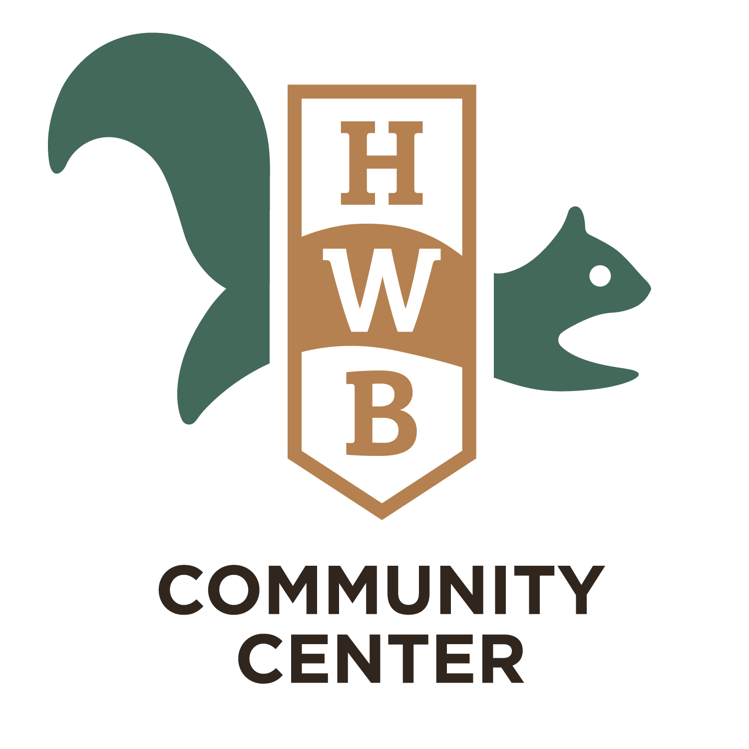 Harry Whiting Brown Community Center is a local event center that is hosting the Cincinnati based music event. Their logo has a green squirrel jumping through a brown banner with the letters HWB. Written in black is at the bottom is Community Center.
