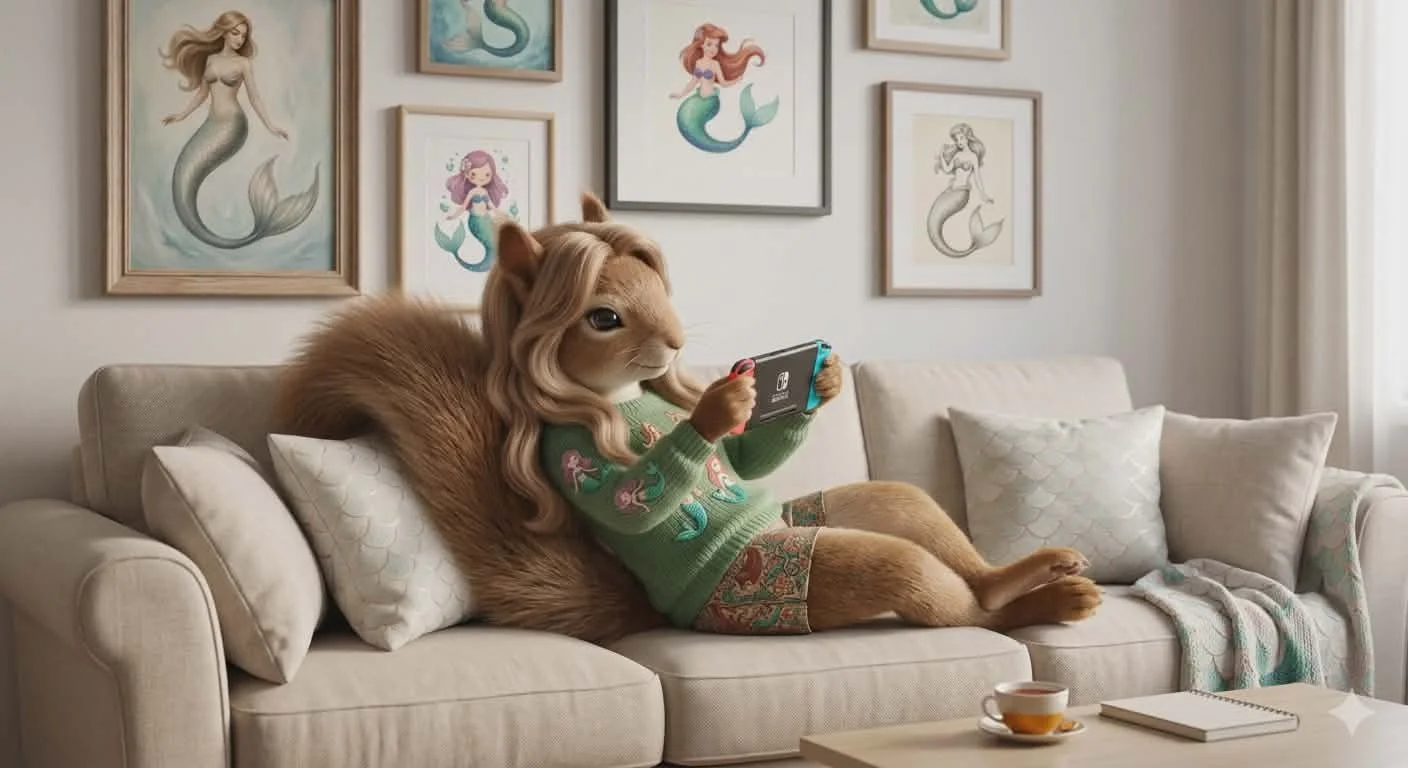 This image is of a brown squirrel lounging on her couch playing a nintindo switch. On the wall behind her is artwork of mermaids. Her sweater and pants also features mermaids.