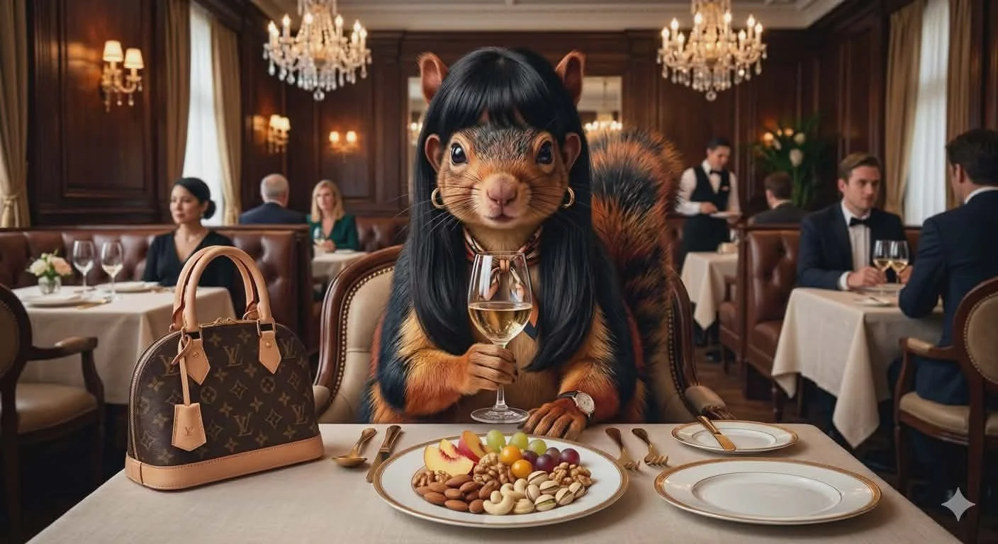An Indian Giant Squirrel sits in a fancy restaurant drinking a glass of wine and eating a plate of nuts and fruits. 