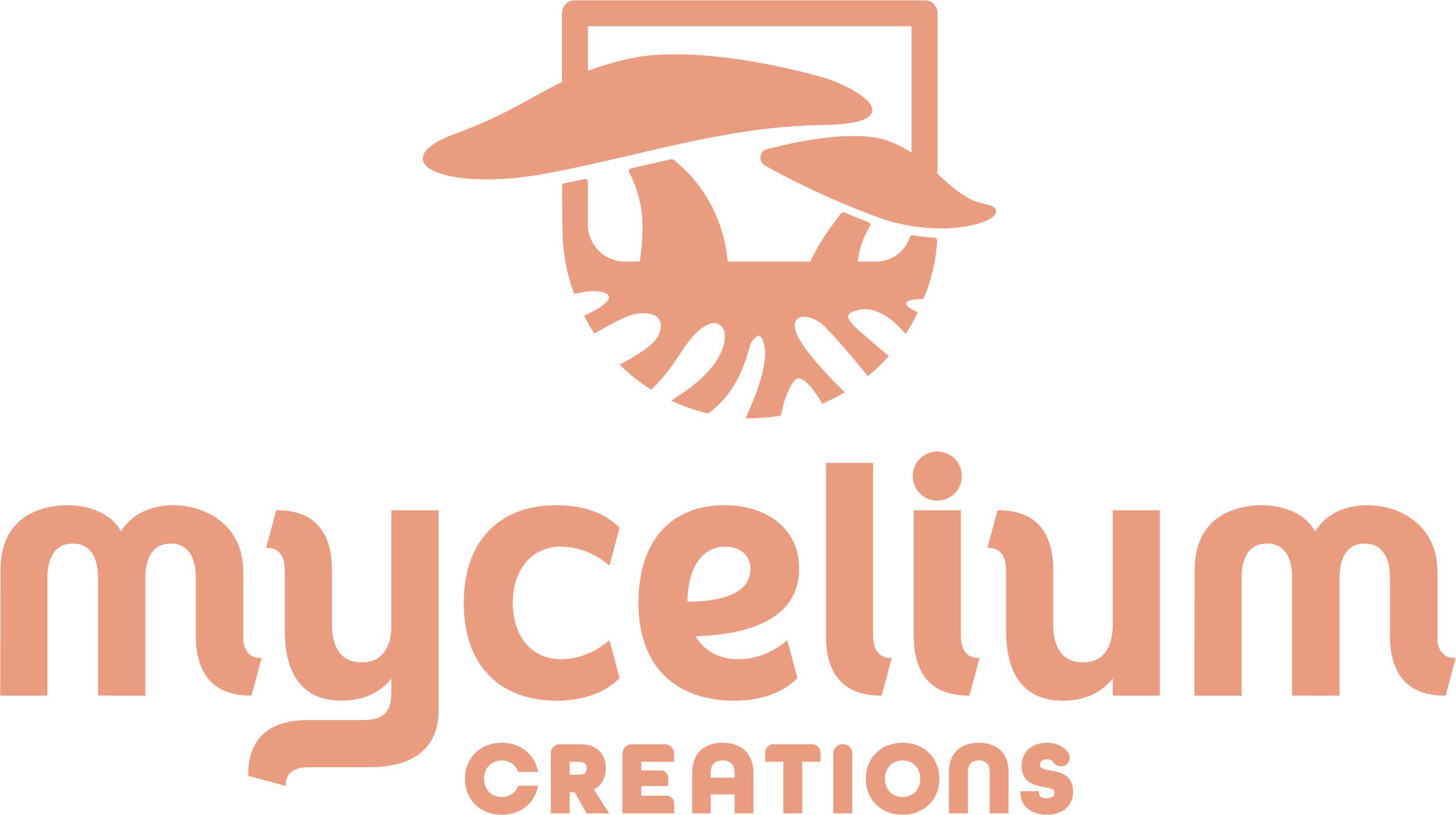 Logo of Mycelium Creations. The color is peach. At the top of the logo is am image of a mushroom with mycelium on the bottom.