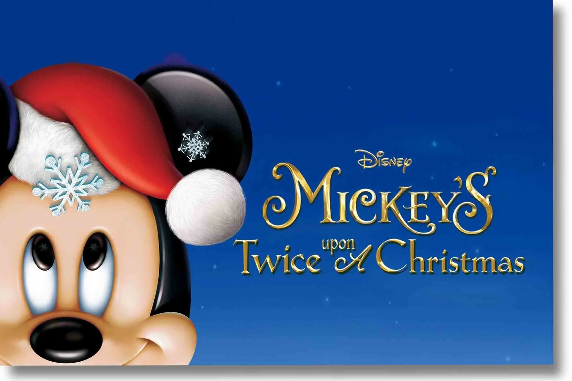 Disney Mickey Mouse holiday poster with Mickey wearing a Santa hat, black sunglasses, and holiday decorations, with the title 'Mickey's Twice Upon a Christmas' in gold text against a blue background with snowflakes.