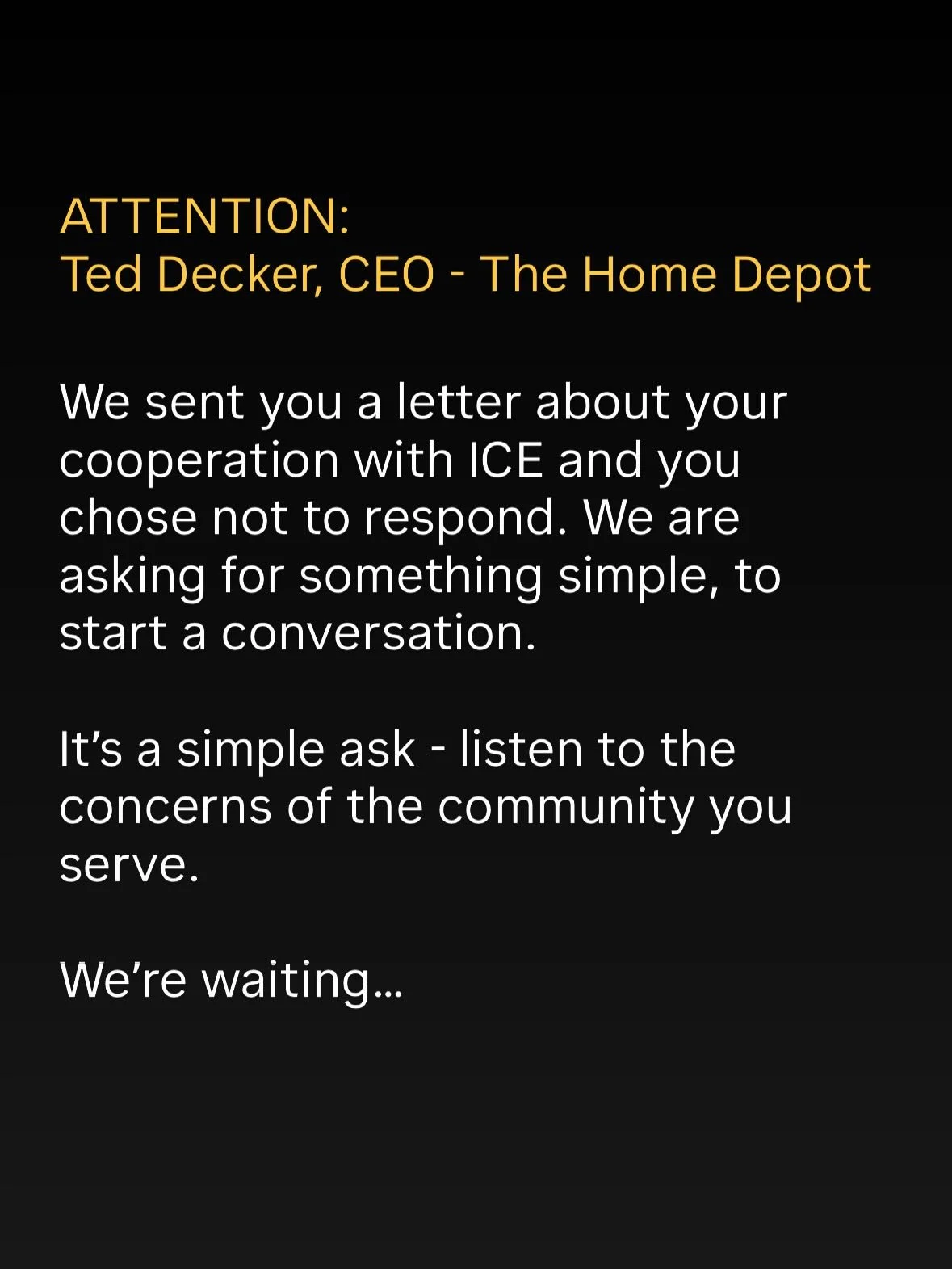 We meant what we said @homedepot 
If we didn&rsquo;t hear from you, we would release the letter to the public ✅ and we did.
We said we would hold a press conference ✅ and we did.
We said we would mobilize our members ⏳ and that&rsquo;s happening next
