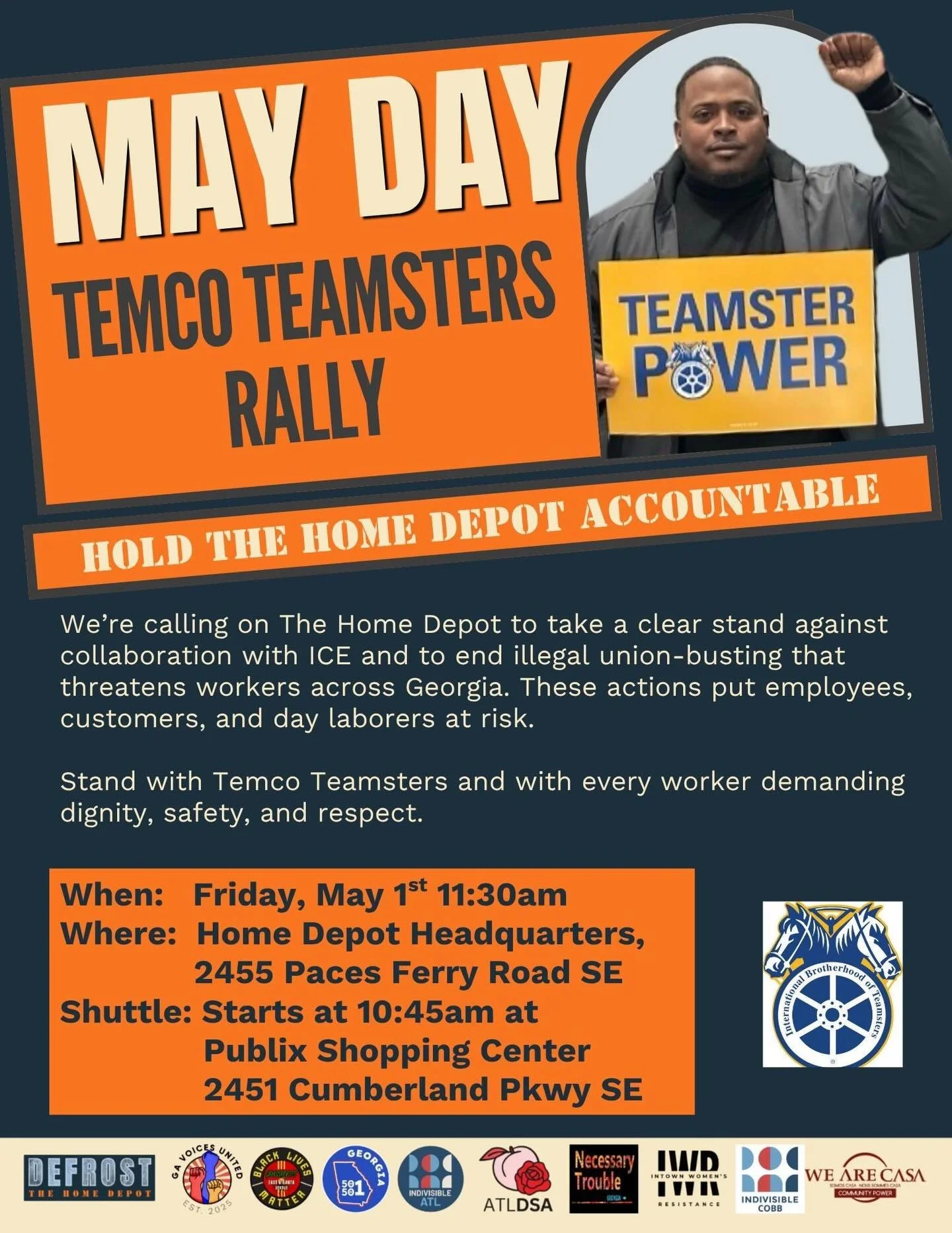 May Day is a day of worker solidarity and we&rsquo;re showing up. Stand with Temco Teamsters and workers across Georgia as we call on @homedepot to take a clear stand against collaboration with ICE and to end union-busting practices that put workers,