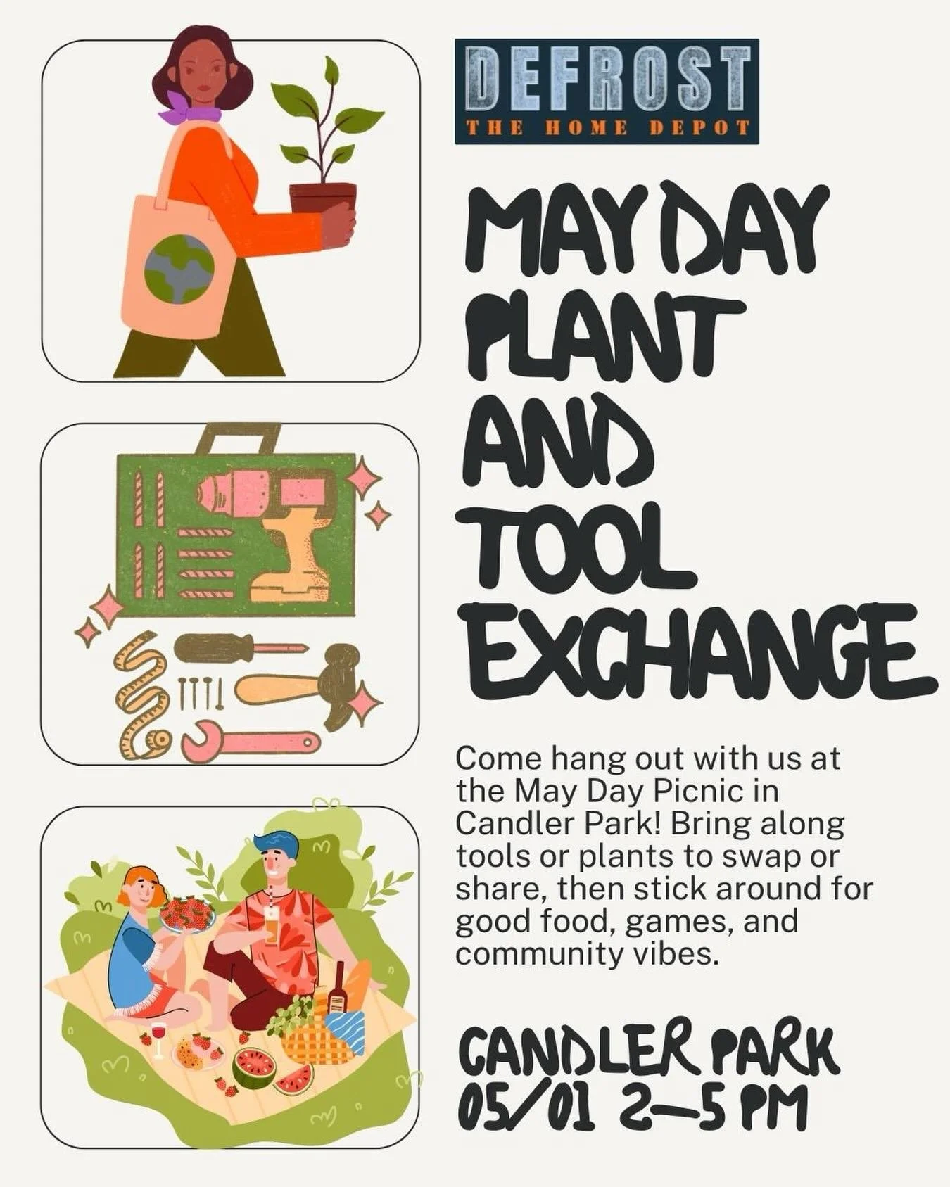 Come hang with us for a feel-good May Day 🌱✨
The Defrost The Home Depot crew will be at the Candler Park May Day Picnic swapping plants, seeds, seedlings, and tools/ - bring something to share or just come browse and take part!
Stay for the vibes: g