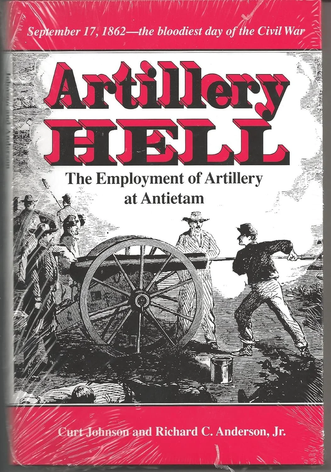 Book cover titled "Artillery Hell: The Employment of Artillery at Antietam," with a black-and-white illustration of soldiers operating a cannon during the Civil War.