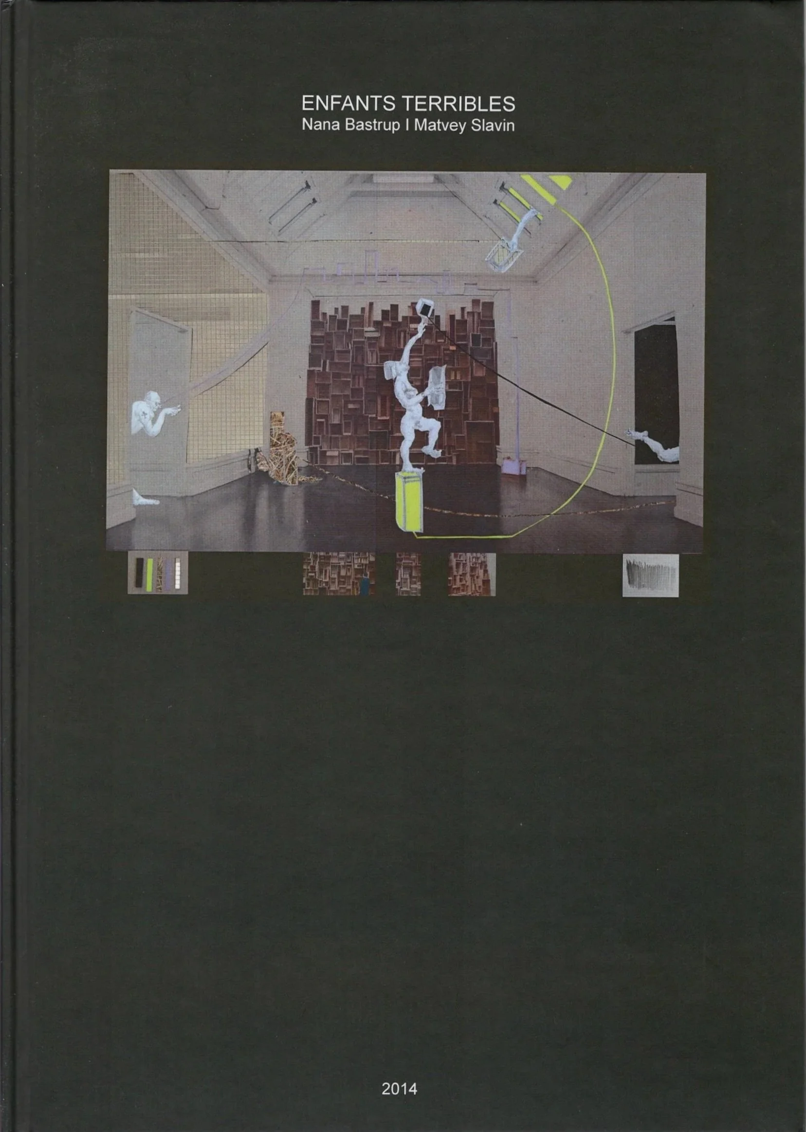 Cover of a book titled 'Enfants Terribles' by Nana Bastrup and Matvey Slavin, featuring an installation with sculptures of children playing, with some elements chained and a shelf with books in the background.