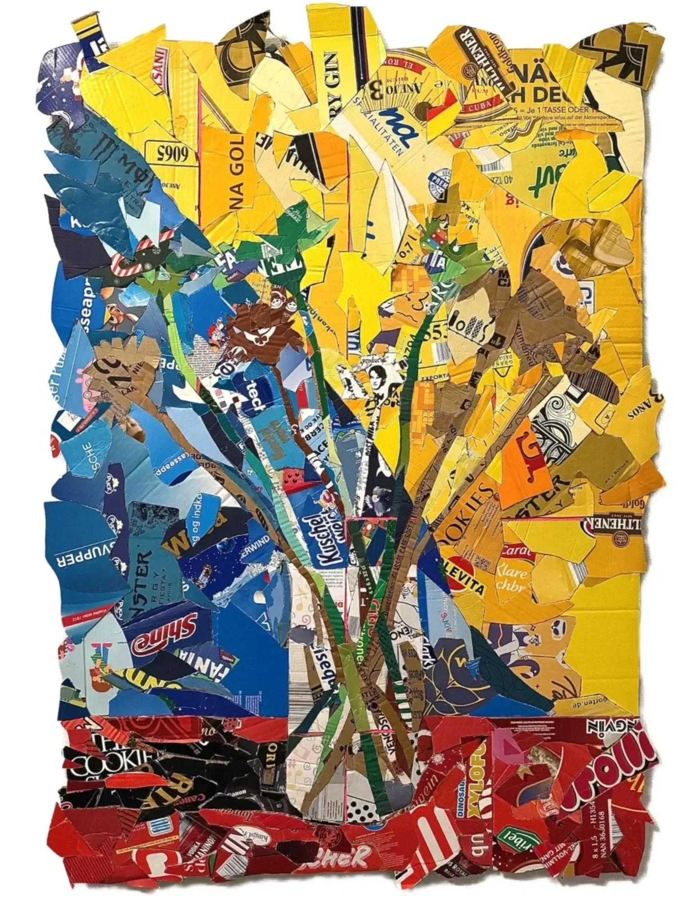 Collage of a tulip flower made from torn colorful candy and snack wrappers, with yellow, blue, brown, and red wrappers forming the petals and leaves.