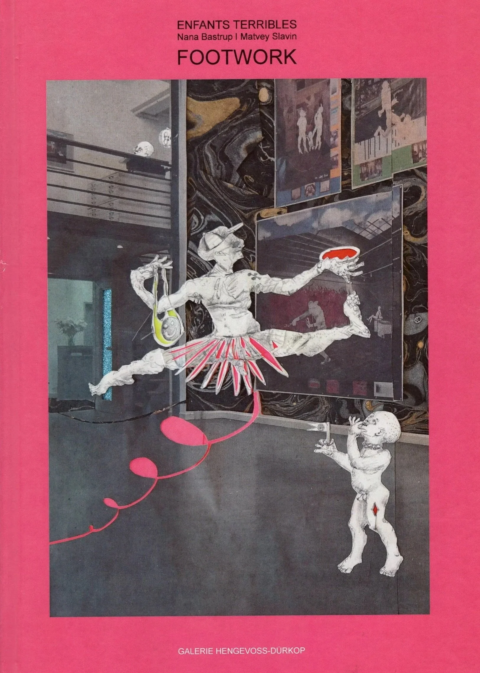 A cover book titled 'Enfants Terribles' by Nana Bastrup and Matvey Slavin, featuring artwork of a stylised figure with exaggerated movement. There is a smaller character beneath, looking up, and various abstract paintings in the background.