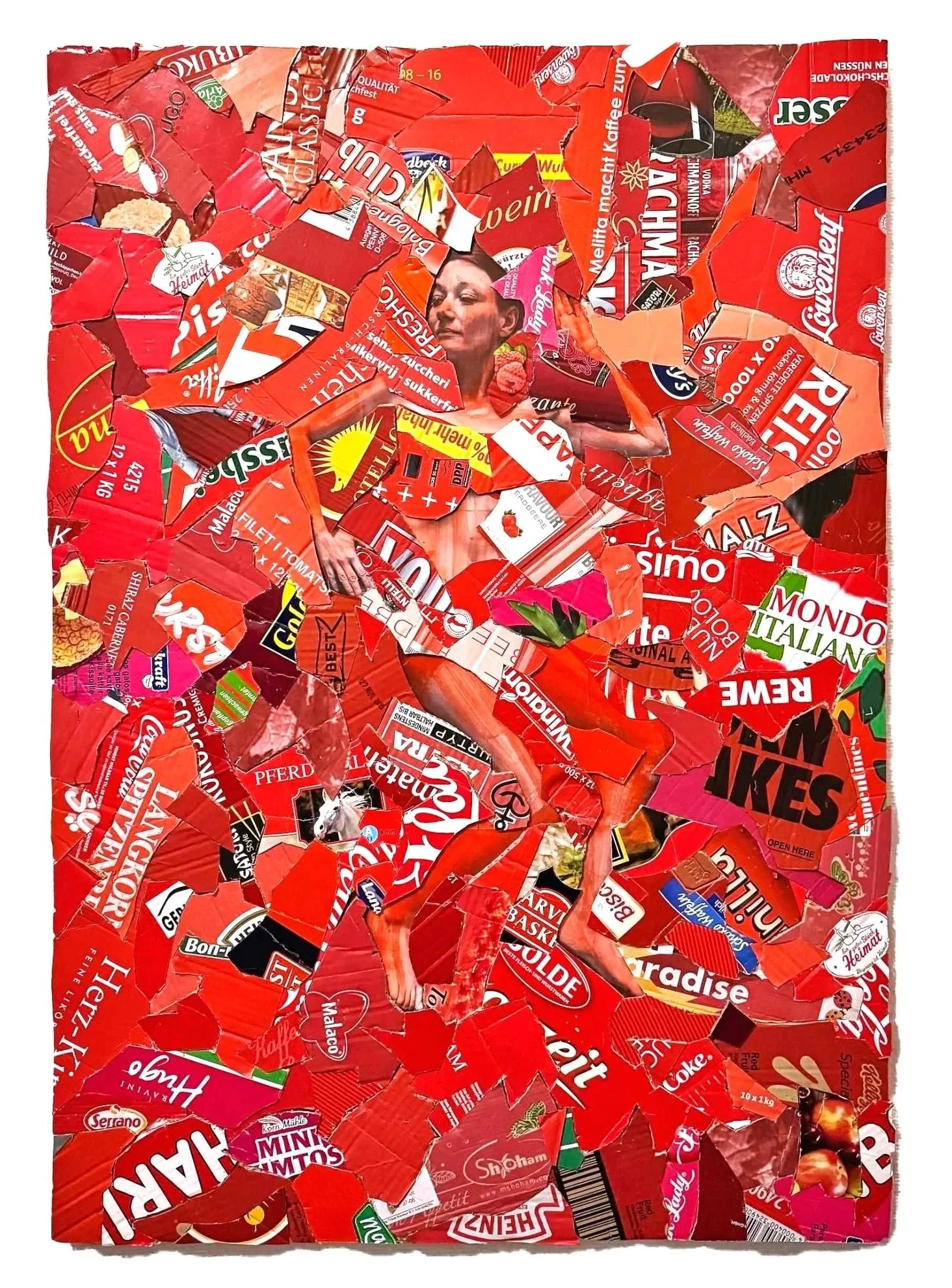 Collage of various red packaging and product labels, including food brands and advertisements. Contains torn pieces of packaging, with graphic images and text, creating a chaotic visual pattern.
