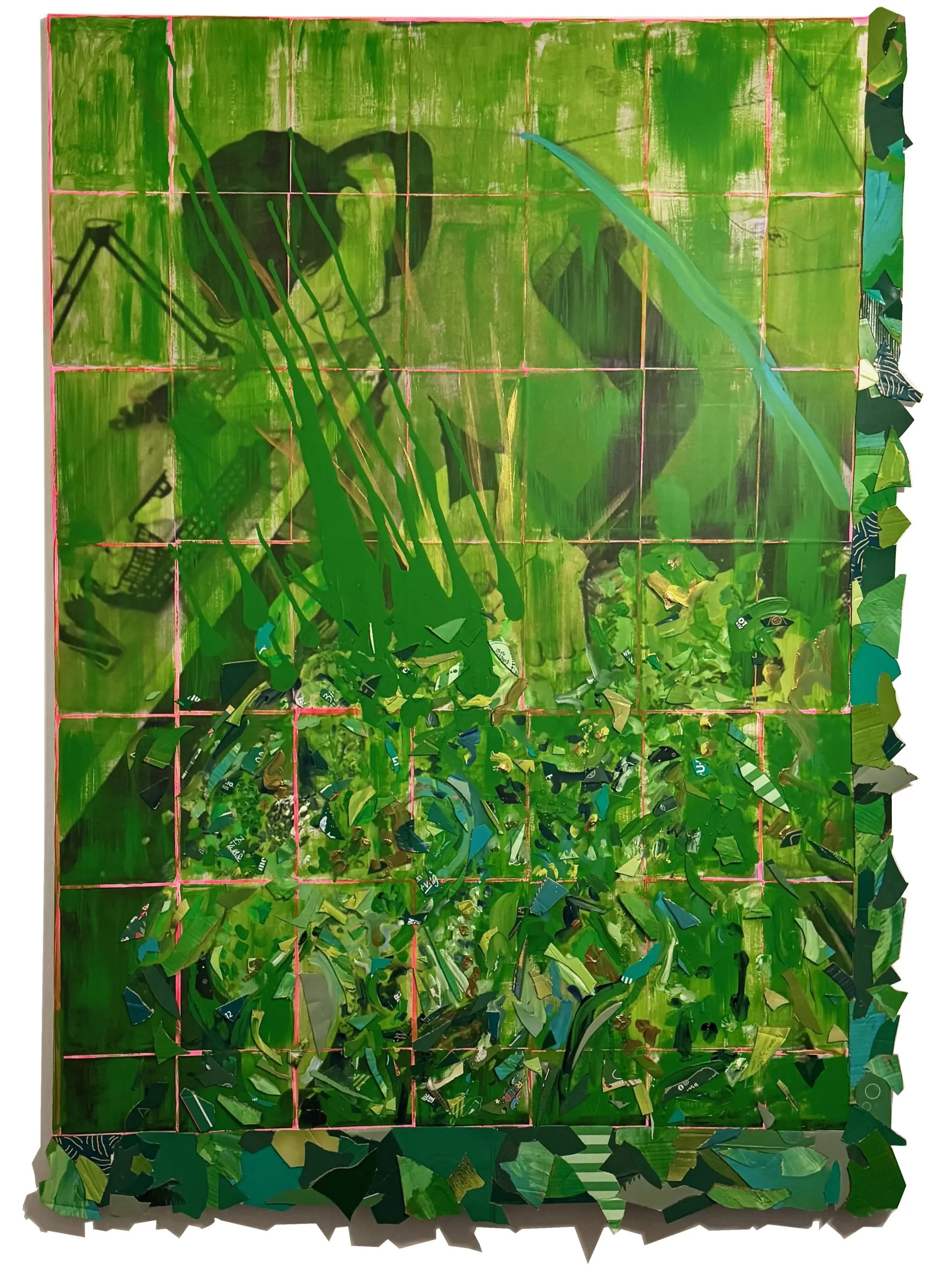 A colorful mosaic artwork featuring a woman with glasses surrounded by greenery, with a tiled background and a border of green paper pieces.