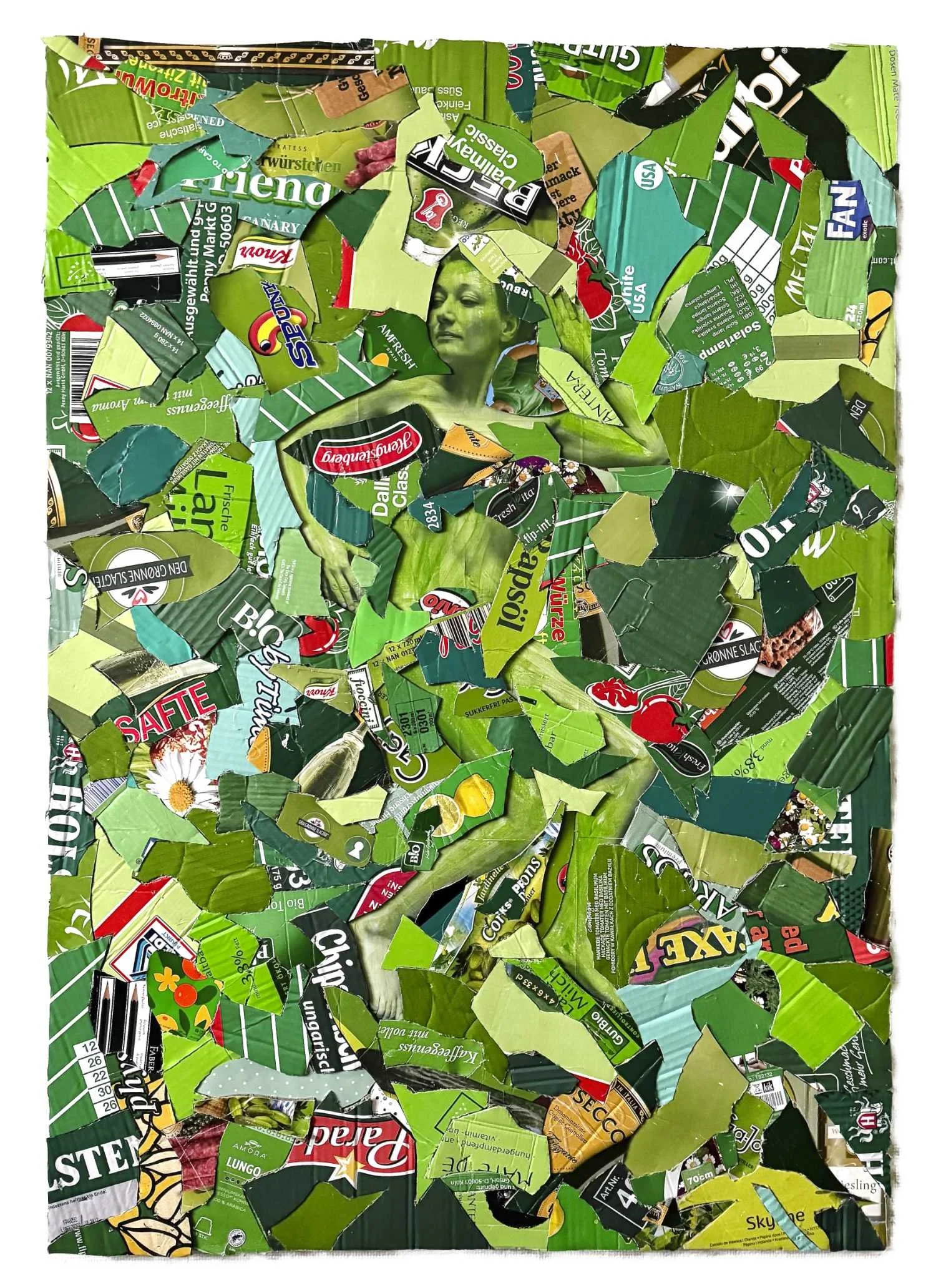 Collage of torn green food packaging with a printed image of a woman and various brand labels visible.
