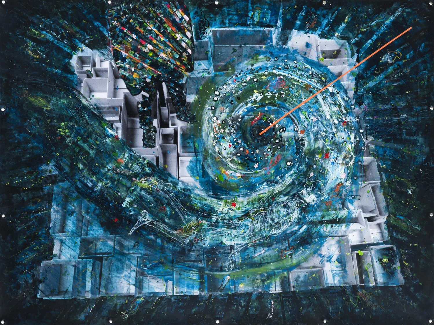 An abstract, colorful painting with swirling blue, green, and black patterns on a white textured background.