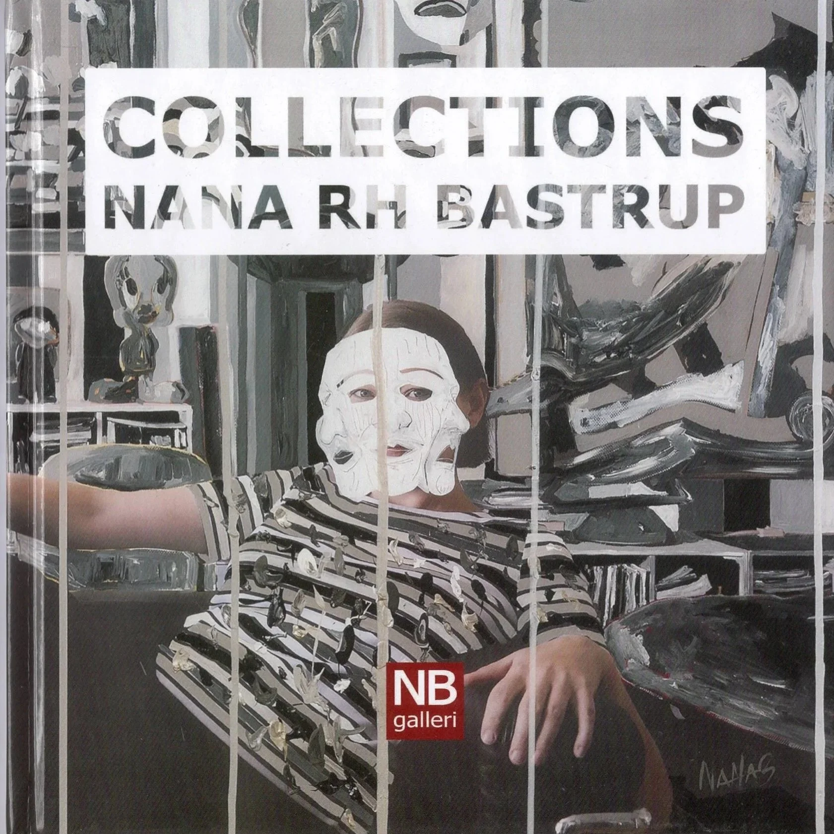 An artistic painting of a woman with short hair, wearing a striped shirt, sitting in a room filled with sculptures and objects. The image overlays a white box with the text 'Collections Nana Rh Bastup' and a red logo of 'NB galleri'.