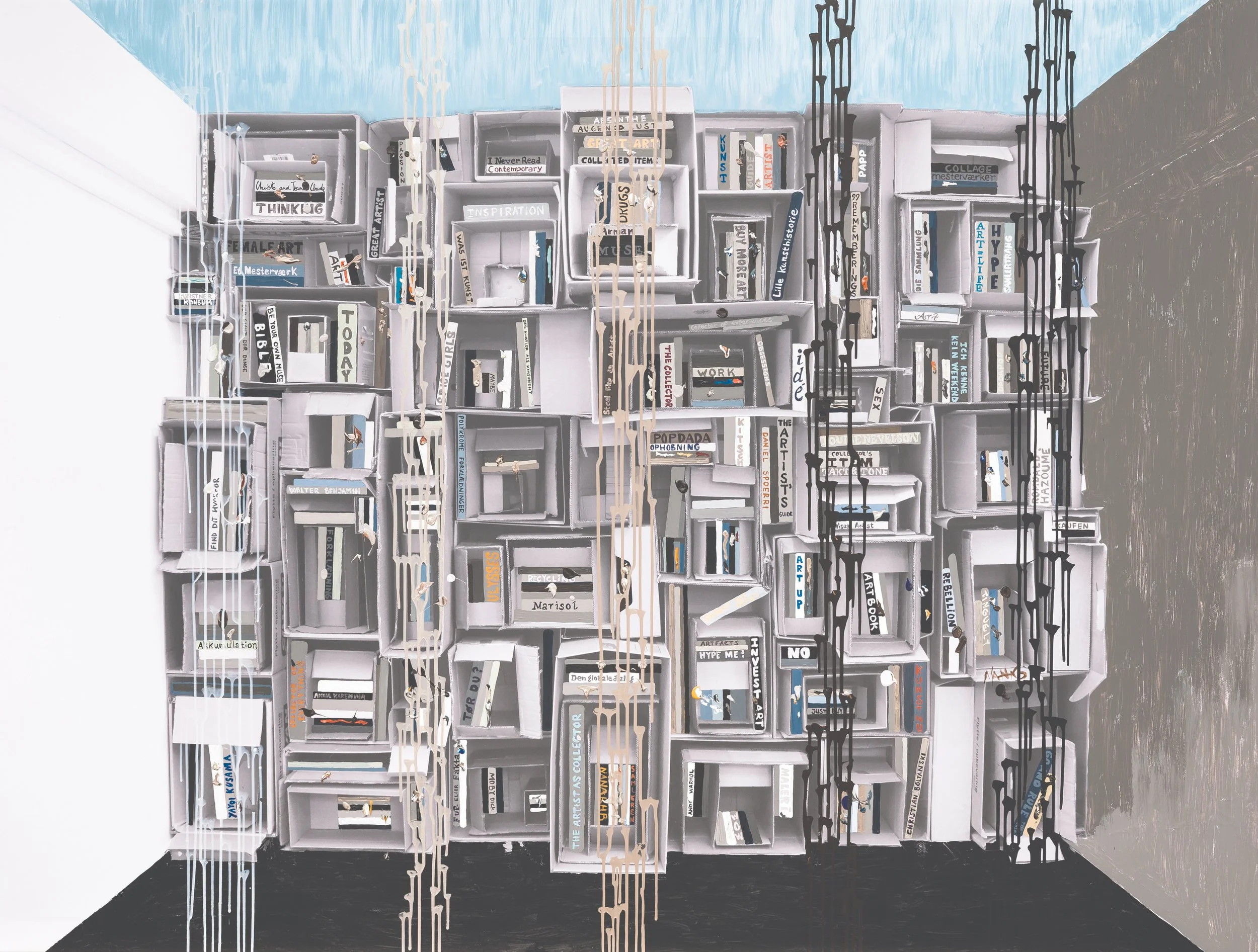 Wall filled with white shelves holding books and art supplies, with hanging chains and drips of paint on the wall and floor.