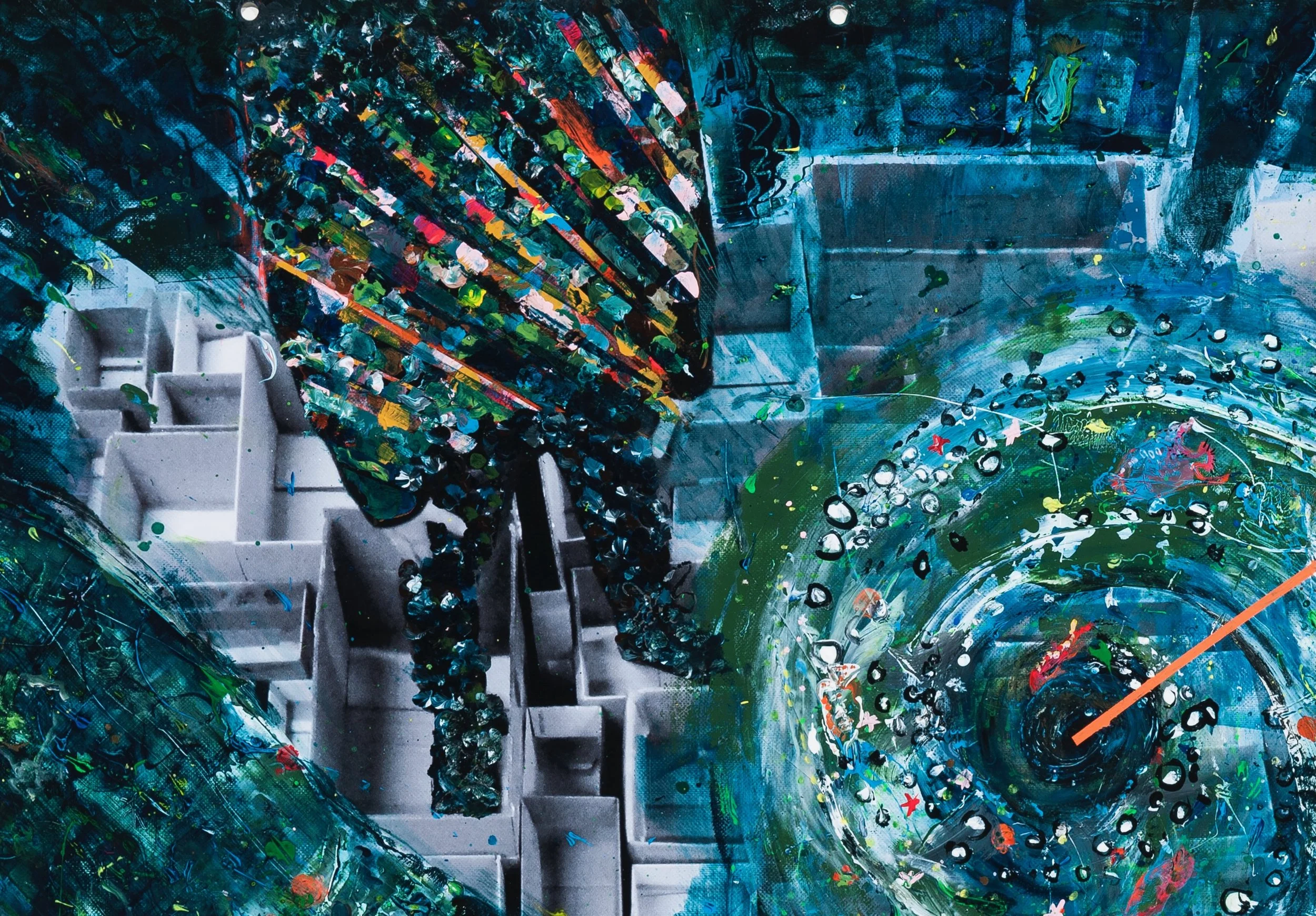 A vibrant, colorful abstract painting with swirling patterns, splashes of paint, and textured brushstrokes, featuring a mix of blues, greens, reds, and black, created on a large canvas.