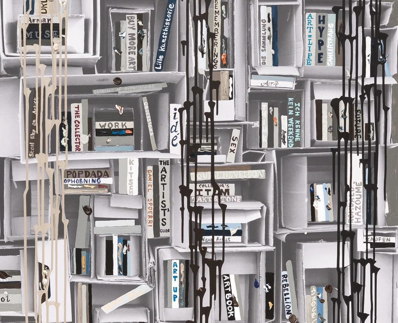 A bookshelf filled with various art books, with black and beige paint dripping down from the top, creating a dripping paint effect over the books.
