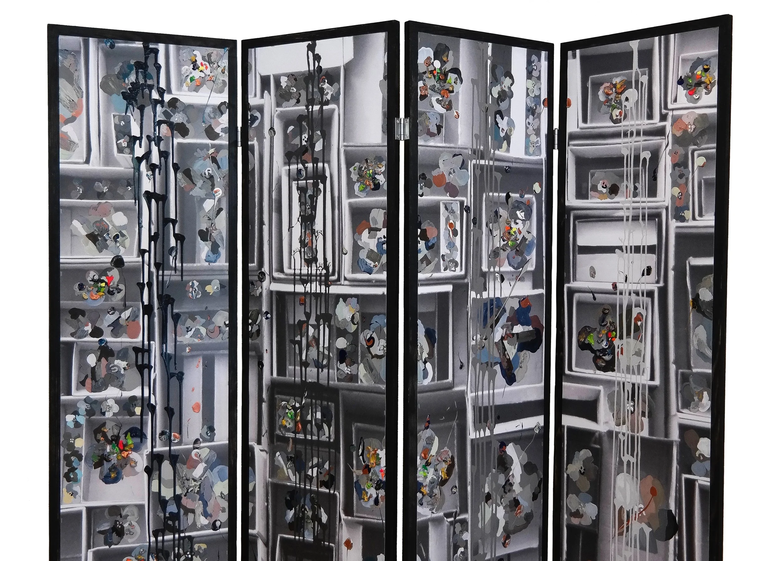 A four-panel folding screen with abstract artwork featuring a grayscale background of shelves with scattered colorful figures, black dripping paint, and white drip effects.