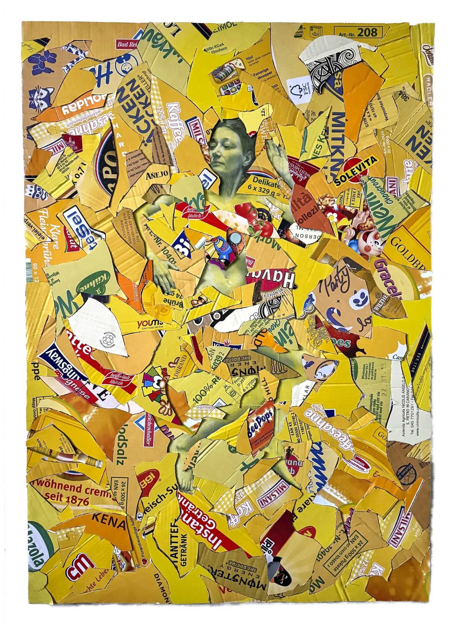 Collage of torn pieces of snack packaging, primarily yellow, with images of a woman and various brand logos and products.