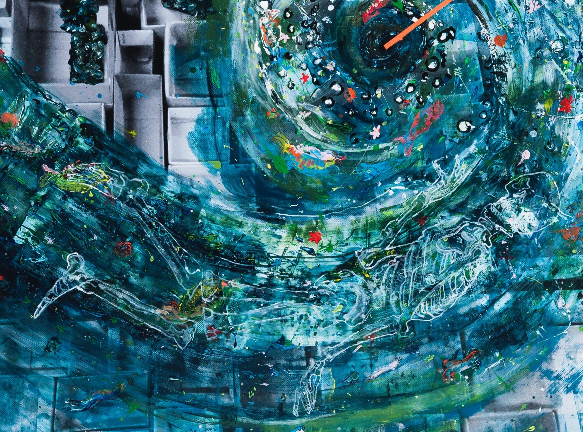 Abstract colorful mural featuring swirling blue and green patterns with accents of red, pink, and white, painted on a wall with 3D brick tiles in the background.