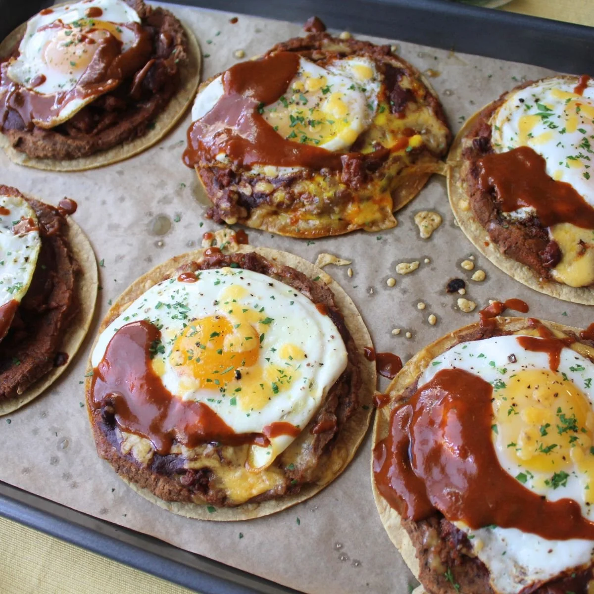 individual huevos rancheros on sheet pan