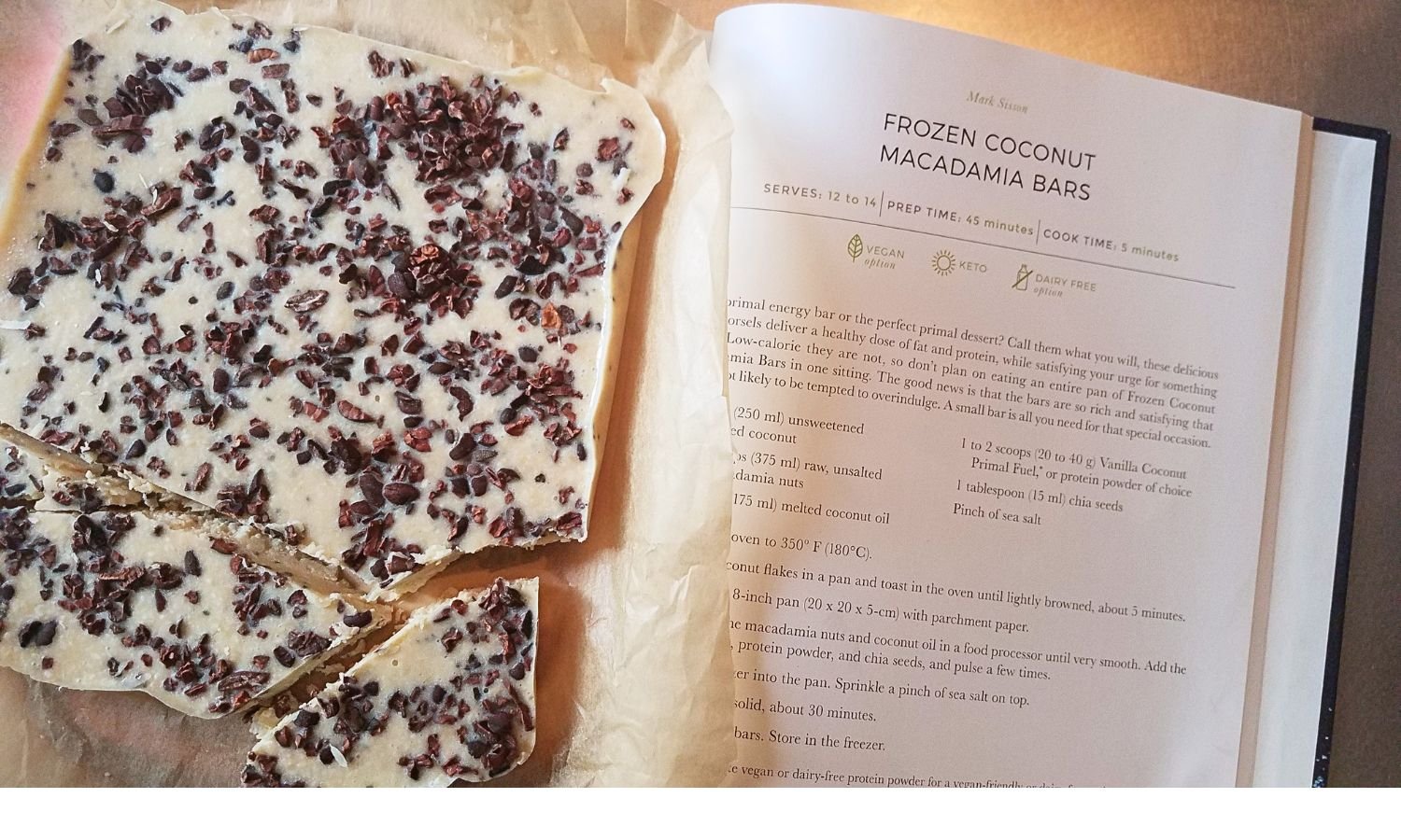 macadamia coconut bark next to mark sisson cookbook