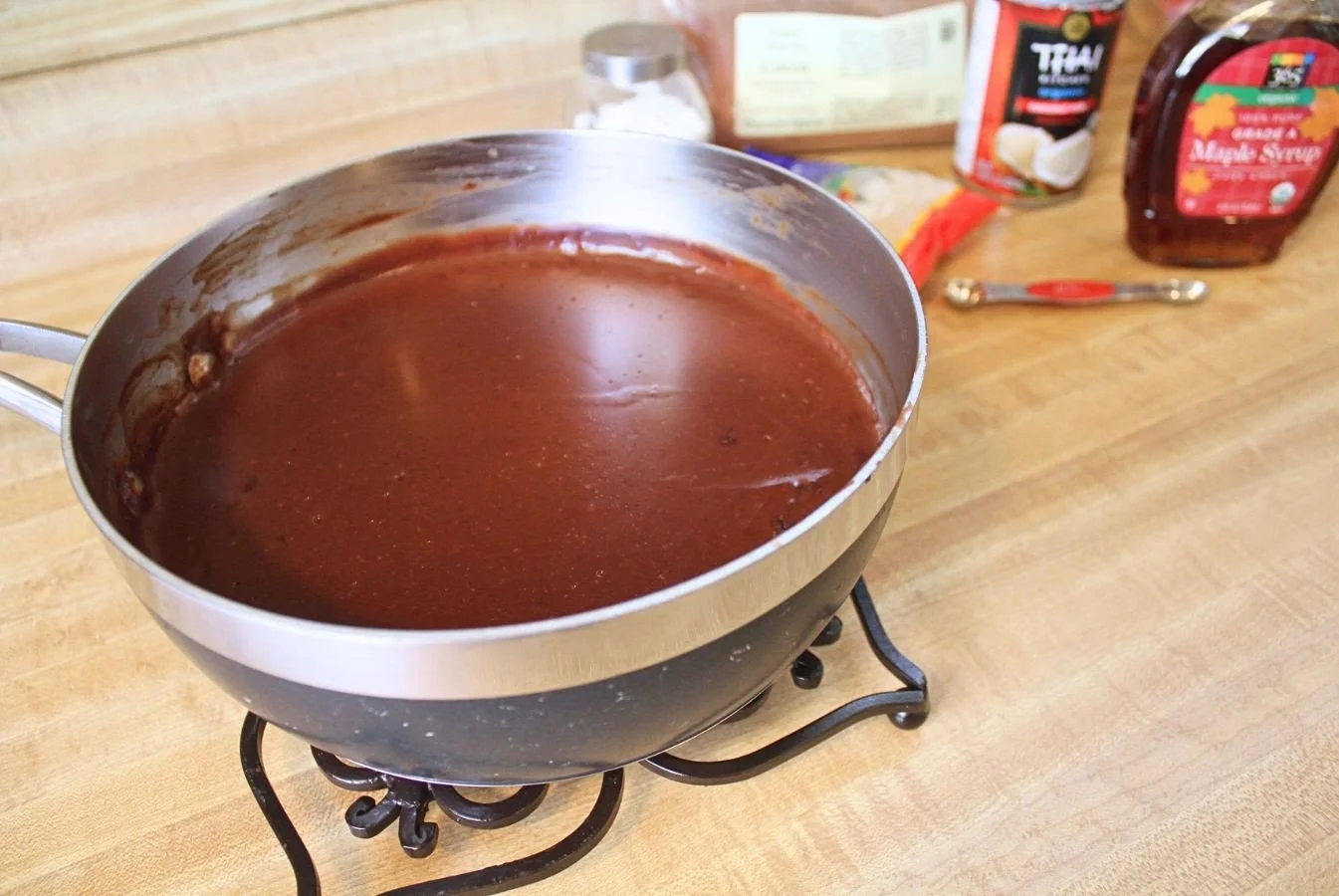 chocolate pudding cooling on counter