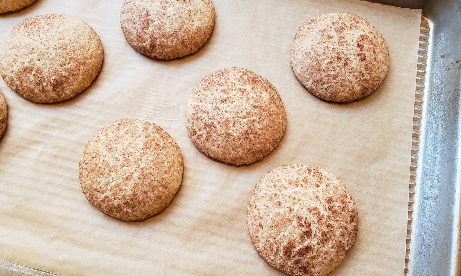 baked Gluten-Free Snickerdoodle cookies on baking sheet