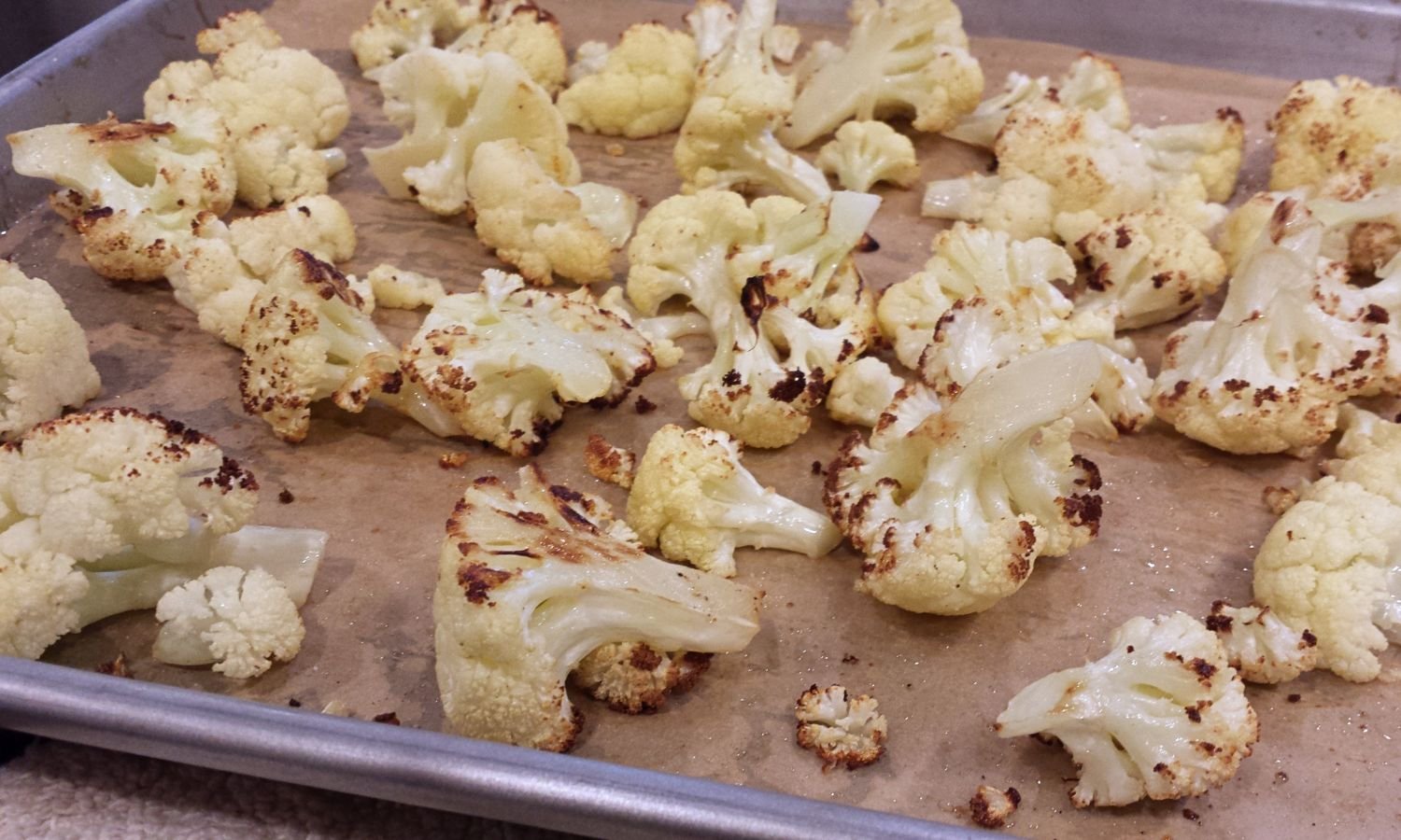 baking sheet of roasted cauliflower