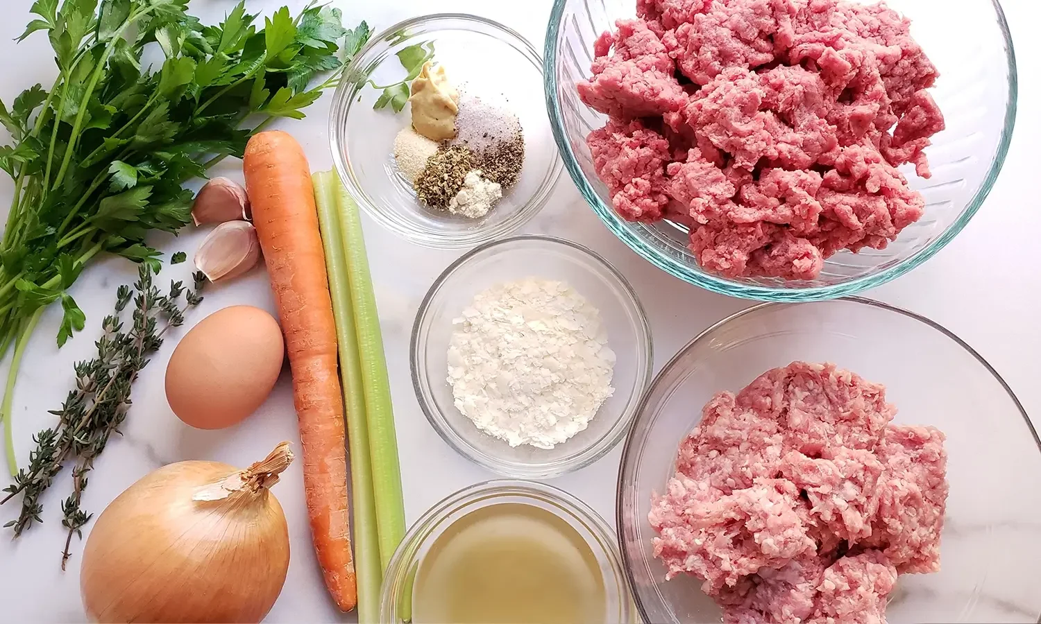 ingredients of gluten free meatloaf in bowls