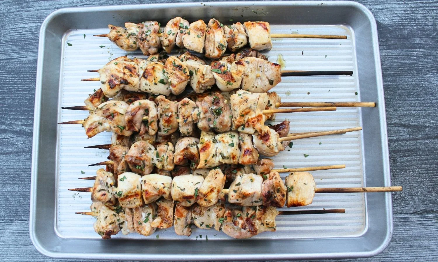 Grilled Chicken Souvlaki Skewers on tray