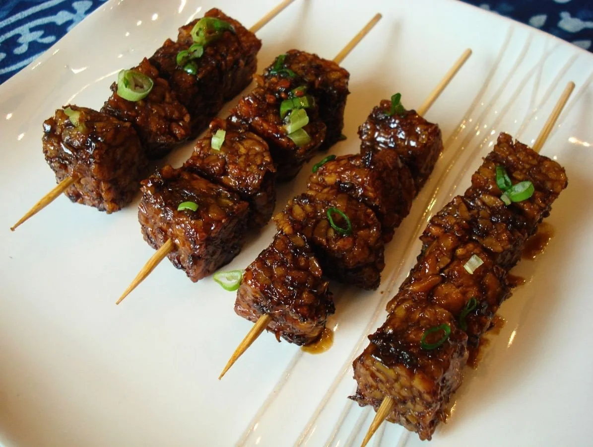 tray of asian tempeh skewers