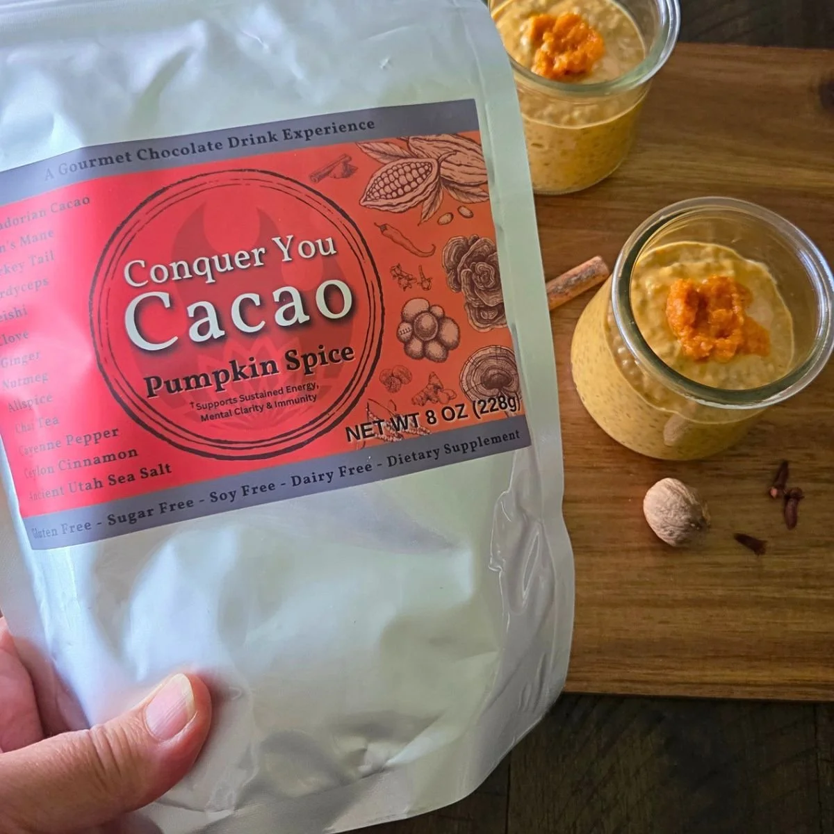 conquer you cacao mushroom cocoa bag