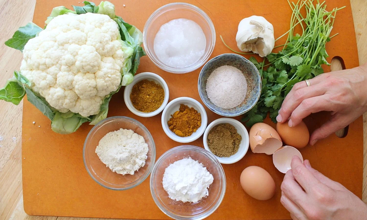 curried cauliflower fritter ingredients on cutting board