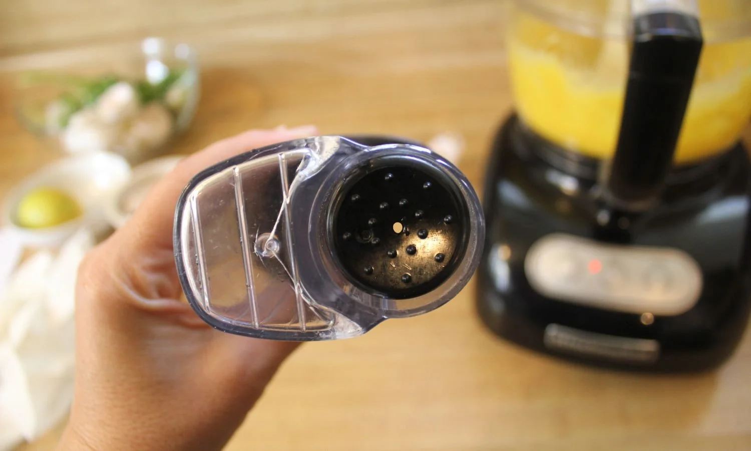 hole in food processor that streams olive oil for homemade mayo