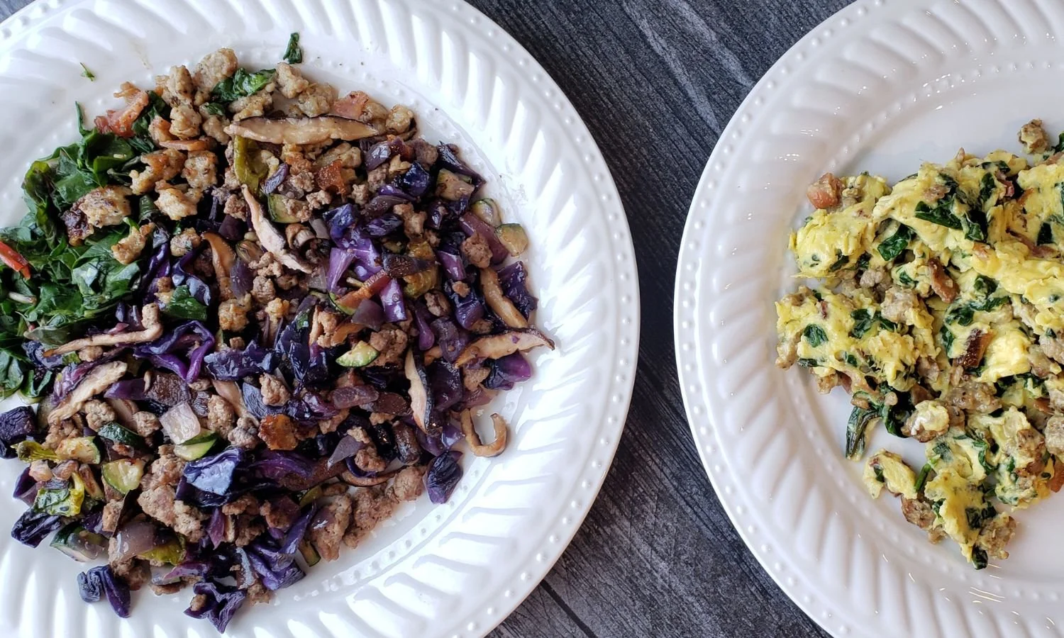 Wahls Breakfast Hash on plate egg scramble on plate