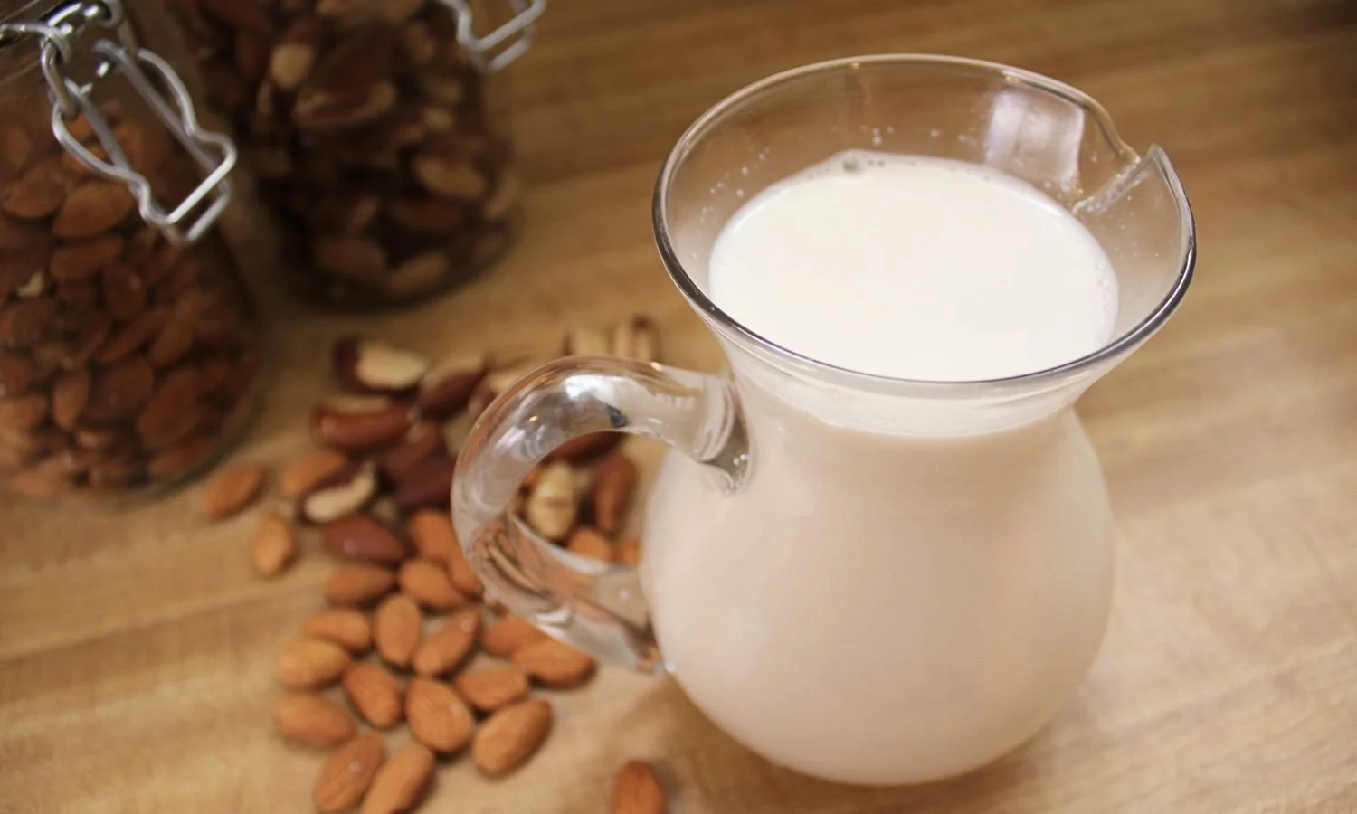 Container of homemade almond milk