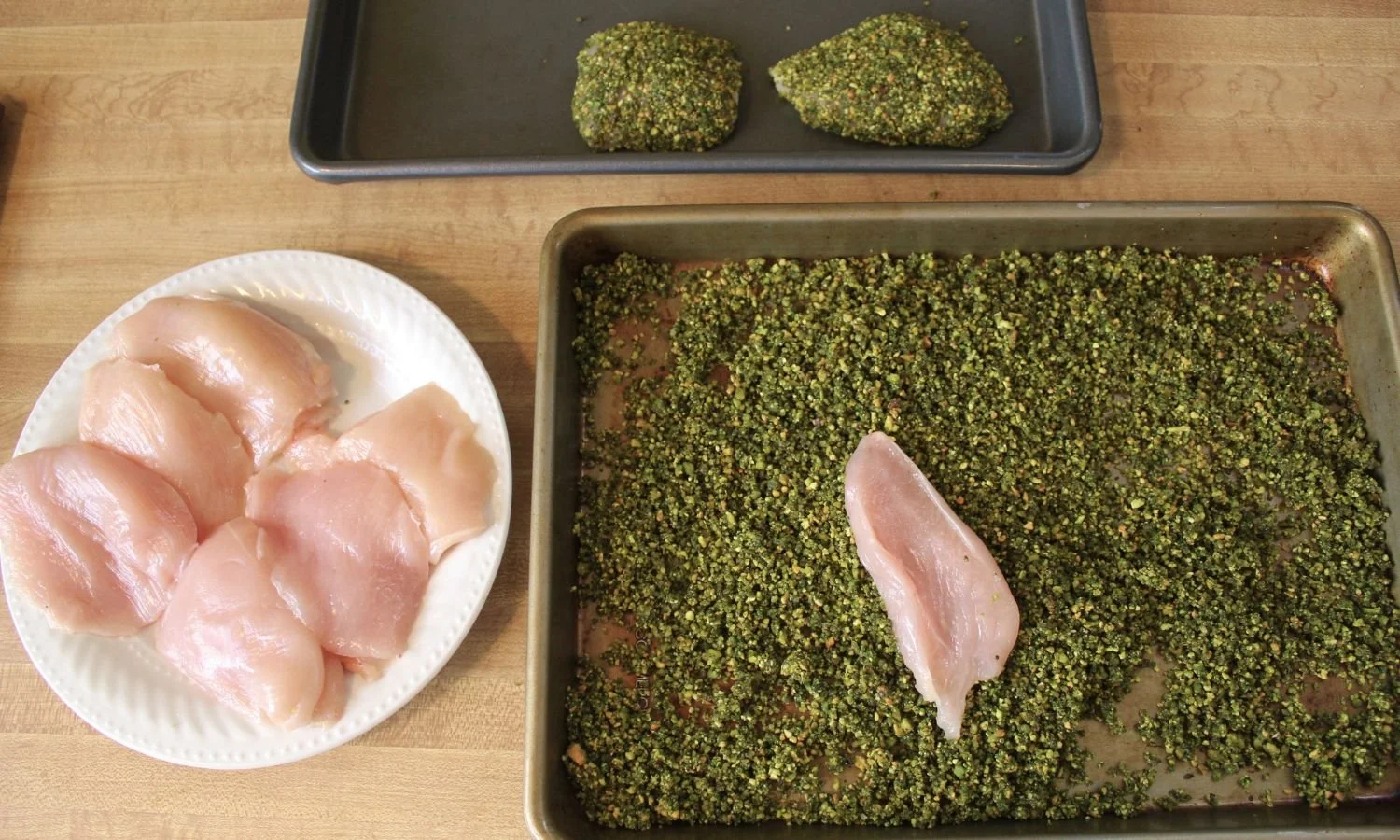 breading station for chicken with pistachio crust