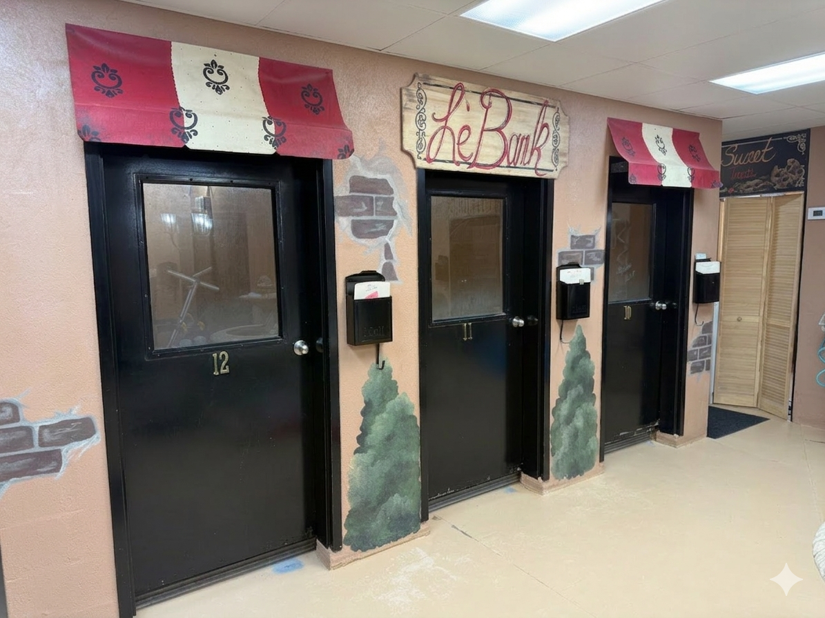 Three black doors with small windows and mailbox slots, labeled 12, 13, and 14, are set into a peach-colored wall with painted brick accents and trees below the signage for LeBank. Two red and pink striped awnings are above the doors, with a wooden s