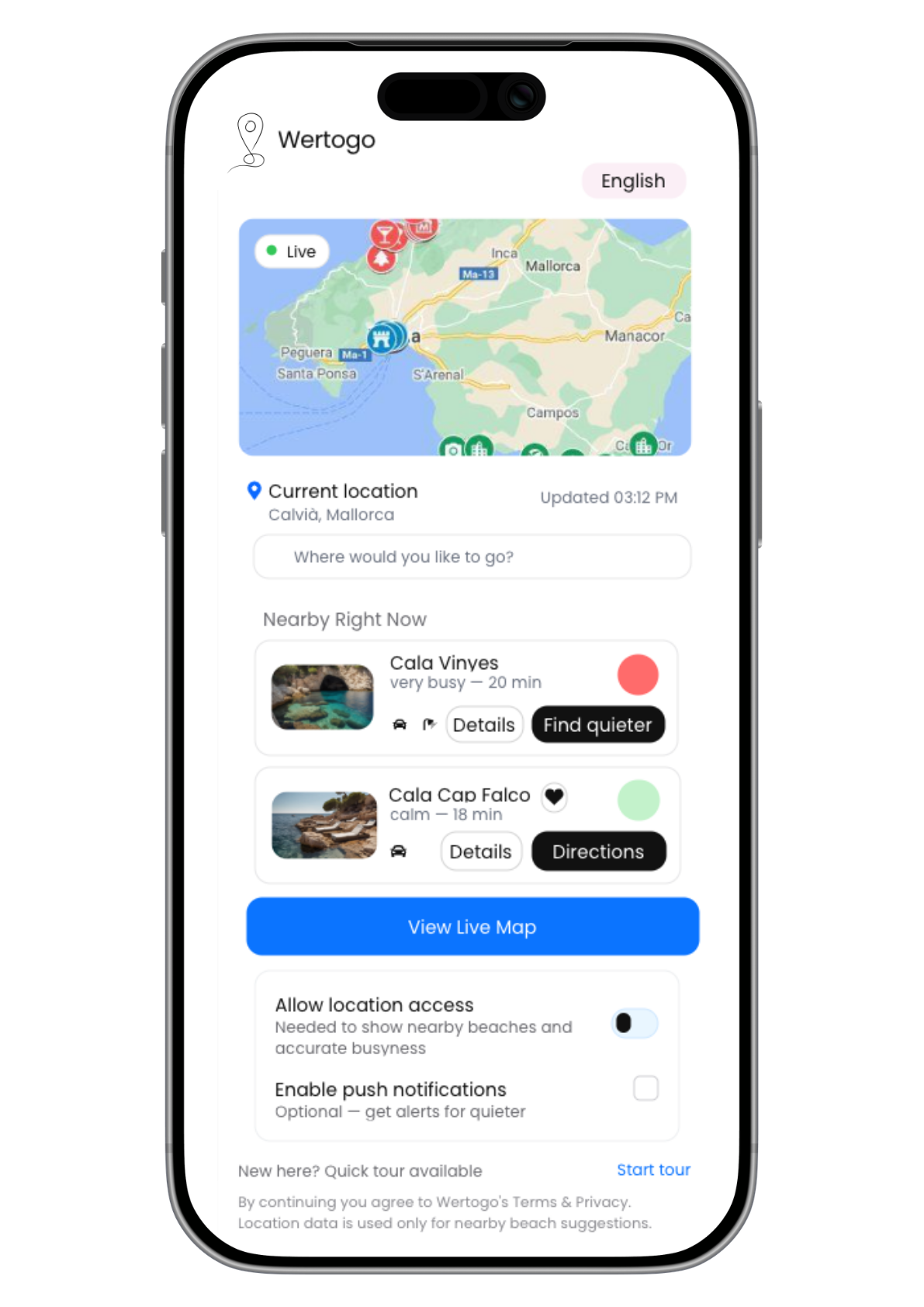 Screenshot of a mobile app showing a map and nearby beaches called Cala Vinyes and Cala Cap Falco, with options to find quieter spots and view live map details.