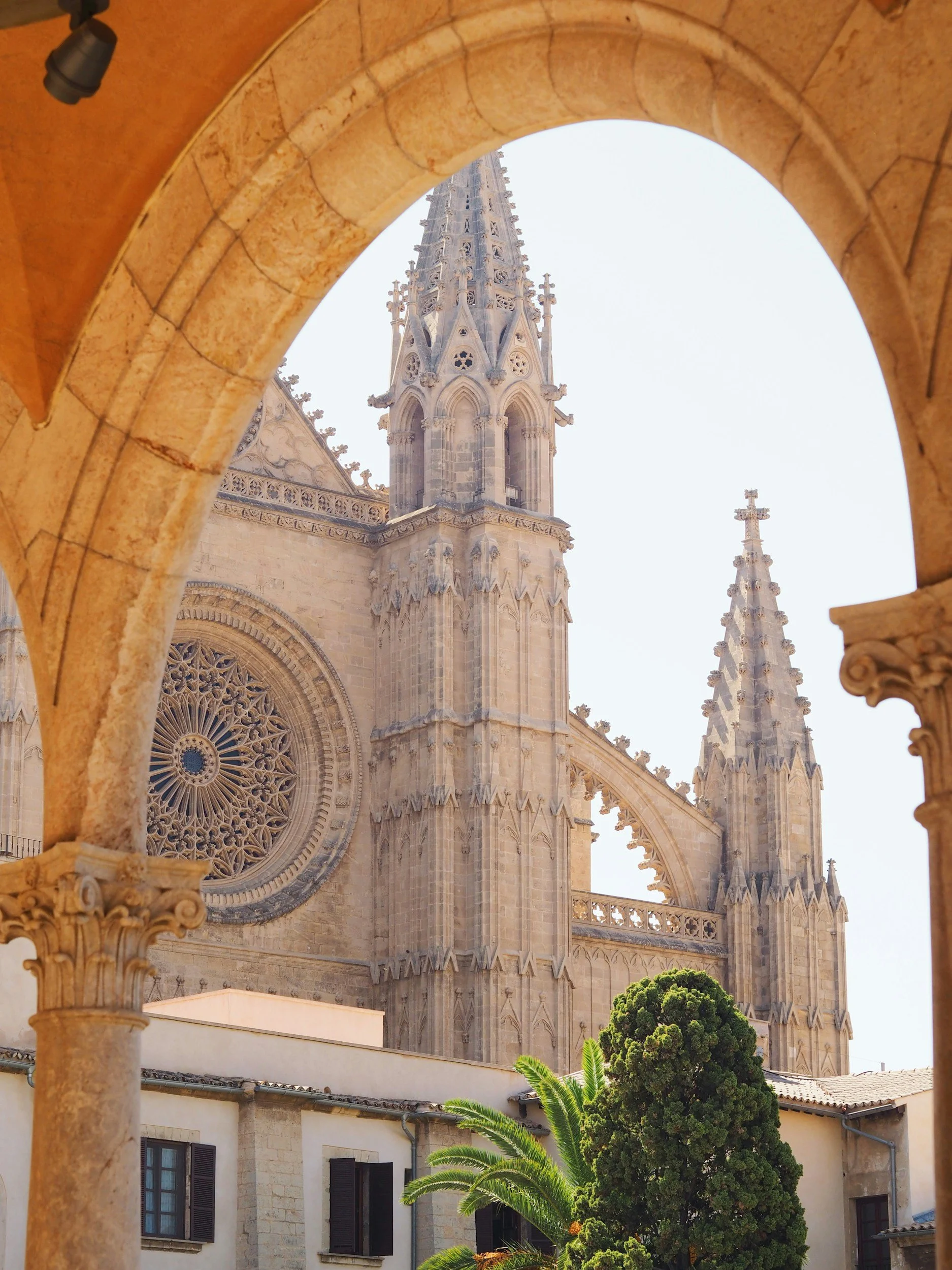 View of a Gothic cathedral's spires and rose window seen through an archway with greenery below.