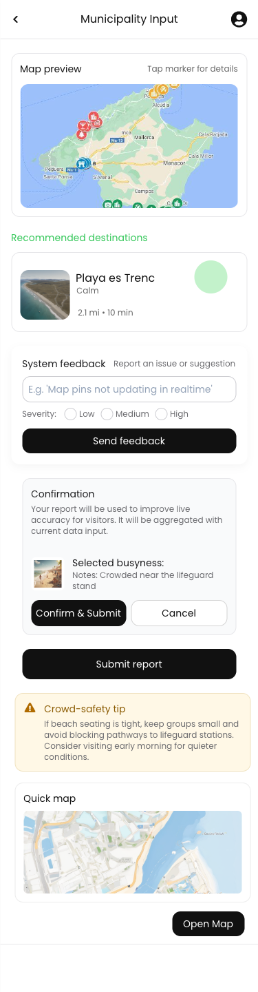 Map preview of Mallorca, Spain with recommended destination Playa es Trenc and system feedback section for reporting issues, confirming busyness, and submitting reports.