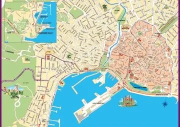 Map of a city with waterways, parks, and various landmarks, including a harbor with boats, a bridge, and a recreational area.