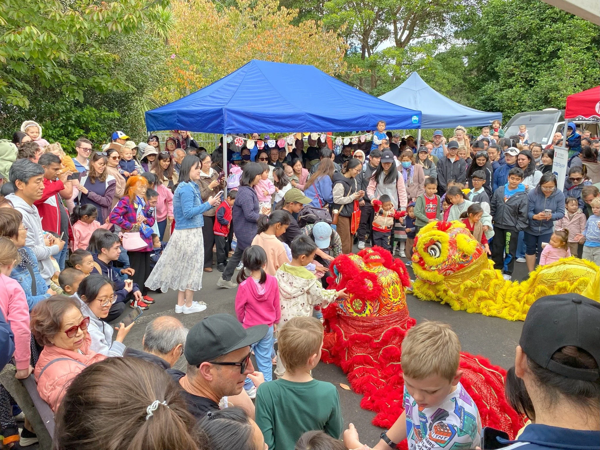 Crowd watching a traditional Chinese lion dance performance at a street festival with colorful lion costumes, tents, and trees in the background.