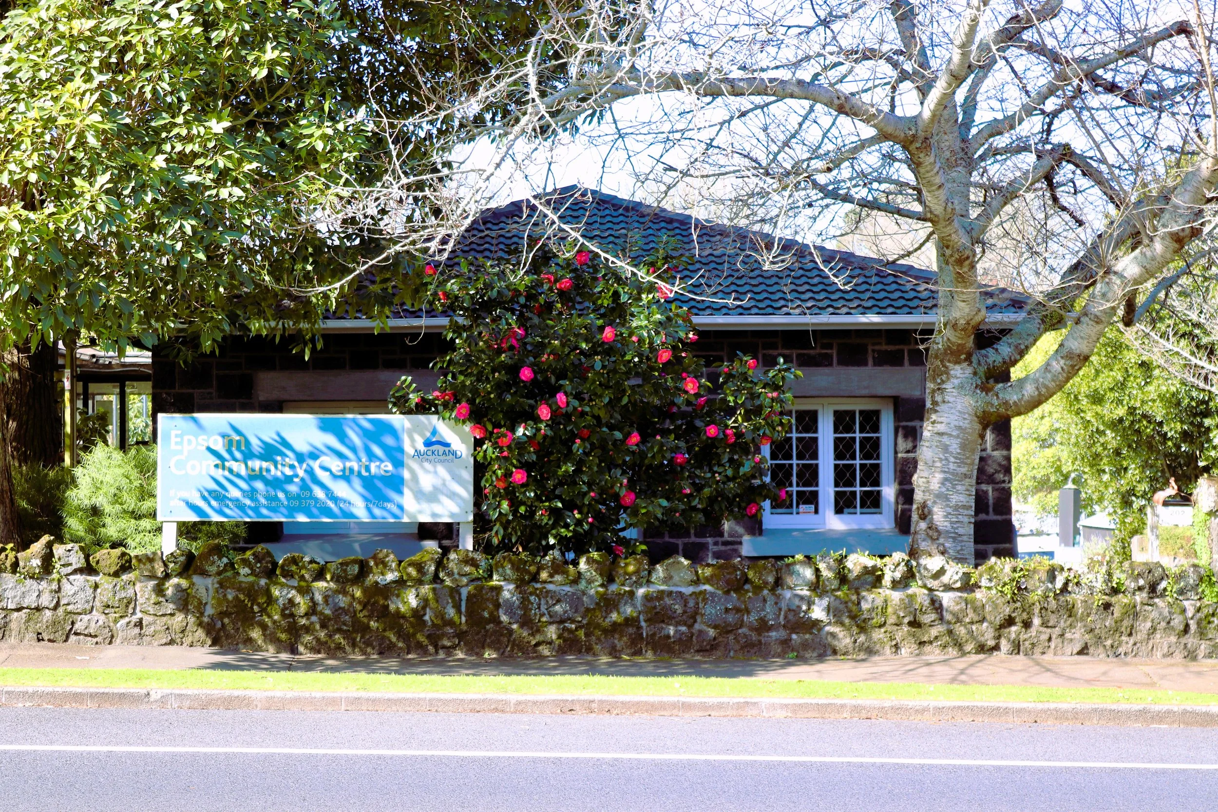 A building with a sign that reads 'Epsom Community Centre'. The building is surrounded by trees and shrubs, including a flowering bush with pink flowers and a large leafless tree. There is a low stone wall in front of the building along the sidewalk.
