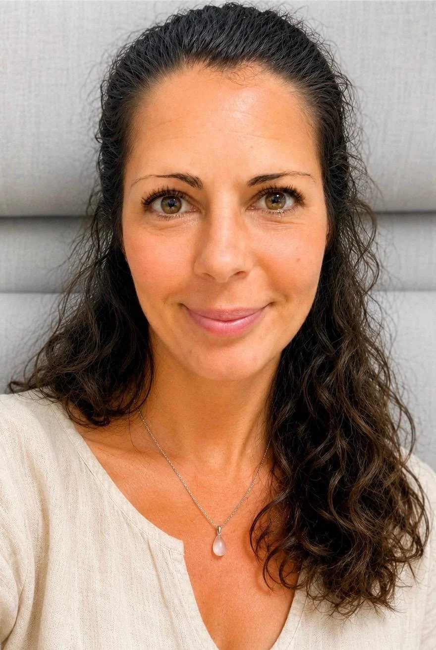 Une femme souriante avec des cheveux bruns ondulés, portant un collier avec un pendentif rose et un haut beige, posant devant un fond gris.