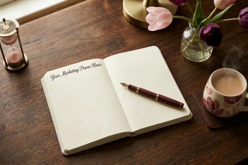 Notebook with the words Your Power Hour sitting on a desk with pretty tulips and a mug of tea