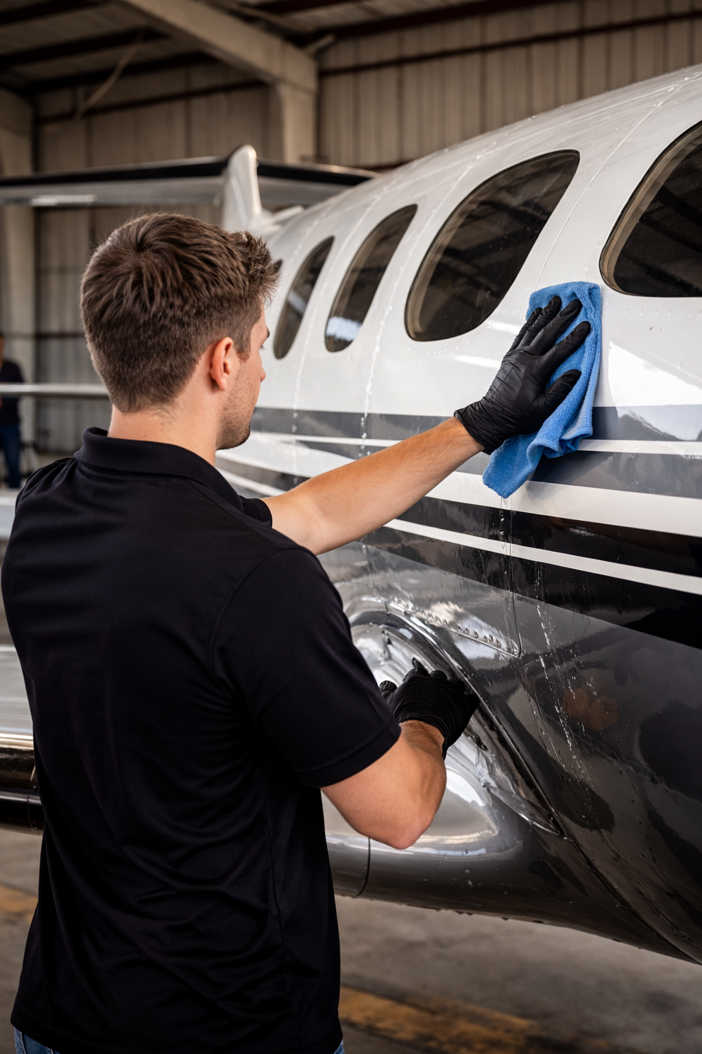 Cleaned4Takeoff technician performing an exterior detailing wipe down on a private charter PC-12