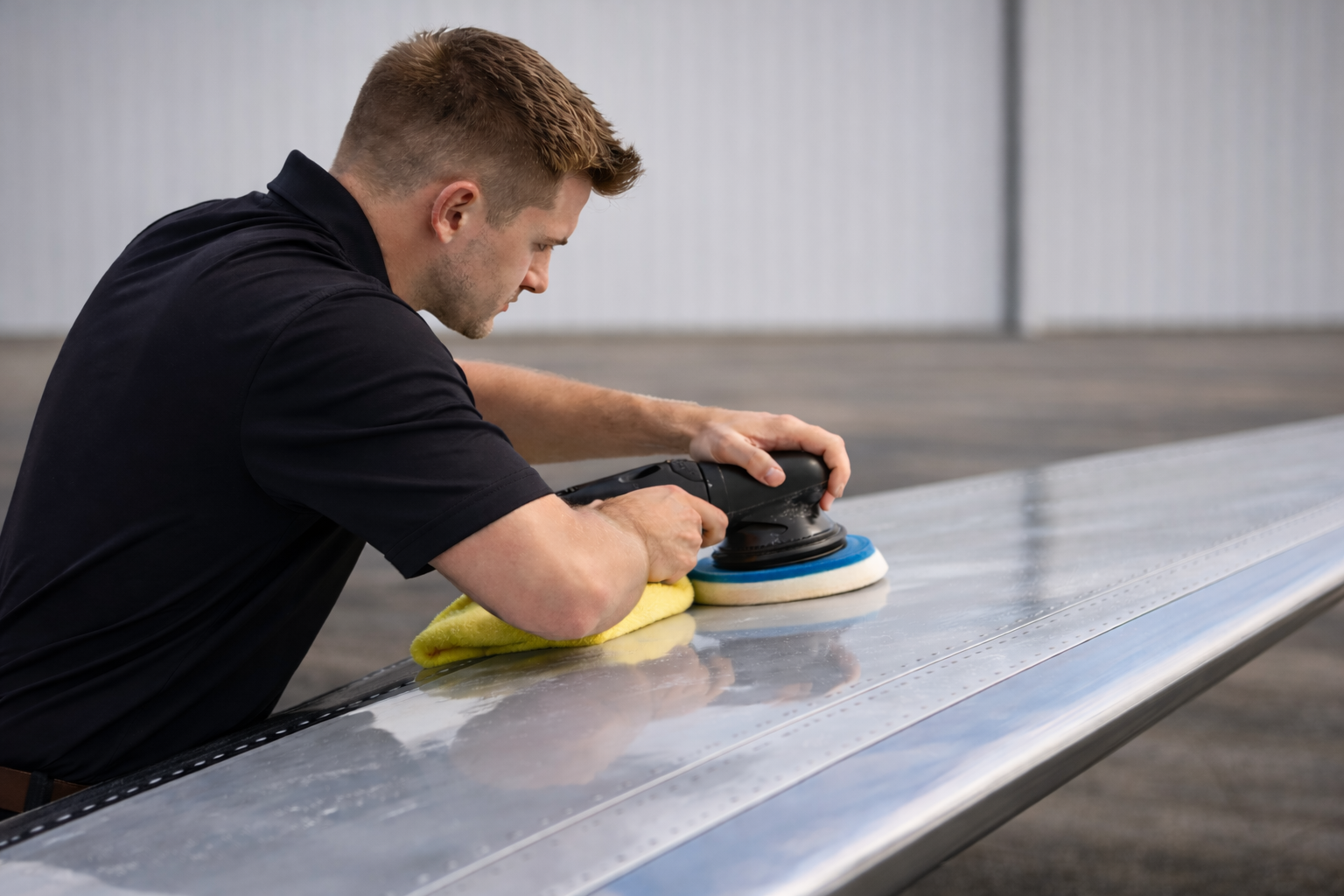Cleaned4Takeoff technician polishing aircraft exterior during detailing service