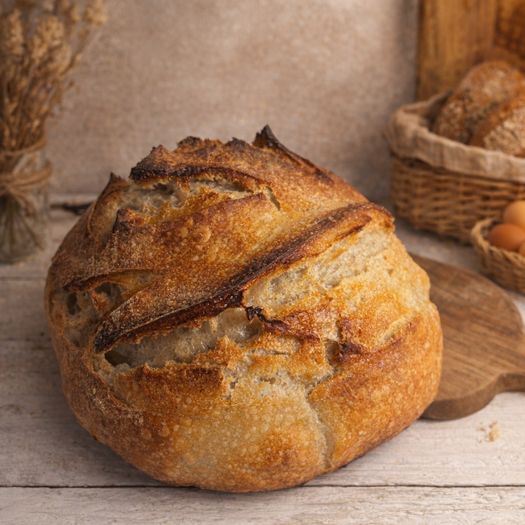 Round sourdough bread with a crusty golden-brown exterior, sitting on a wooden surface. Background includes a basket of additional bread and eggs in a rustic setting.